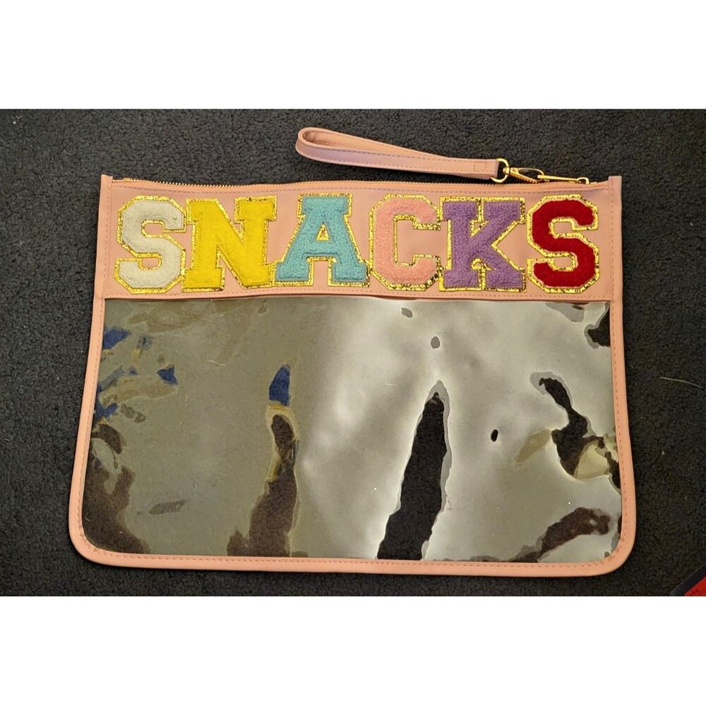 Clear Plastic Zipper Pouch w/ Pink Trim "SNACKS" 15x9 in